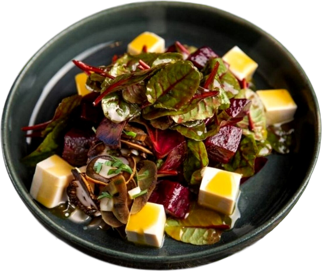 Tofu with beetroot and mushrooms