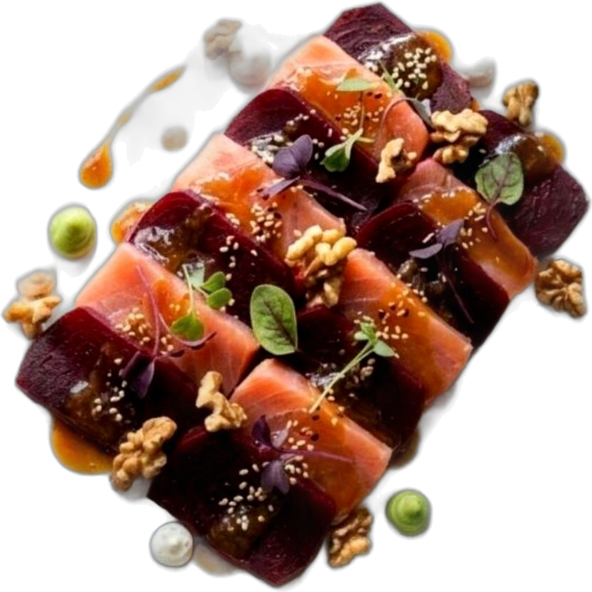 Beetroot in soy sauce with wasabi, nuts and tuna